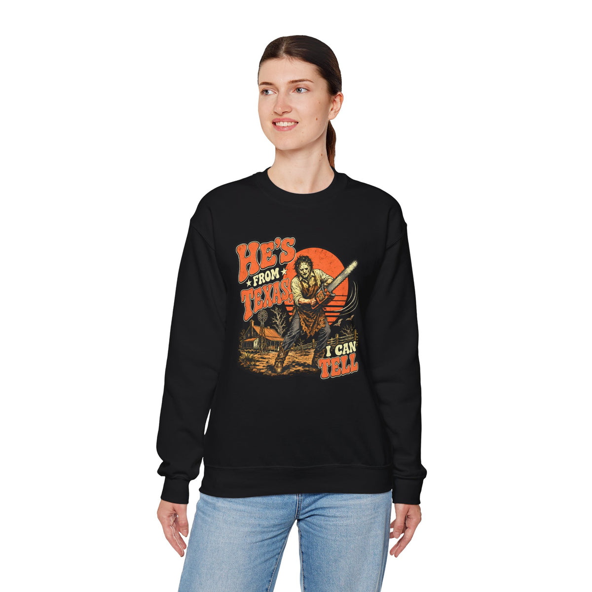 Crewneck Sweatshirt — "He's From Texas" Retro Western Graphic