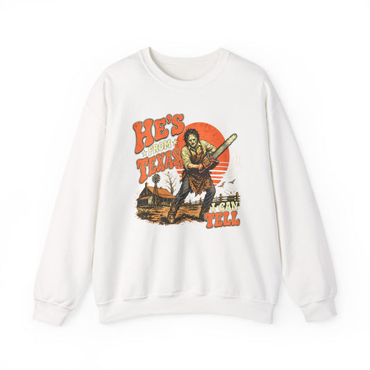 Crewneck Sweatshirt — "He's From Texas I Can Tell" Vintage Cowboy Sunset Design