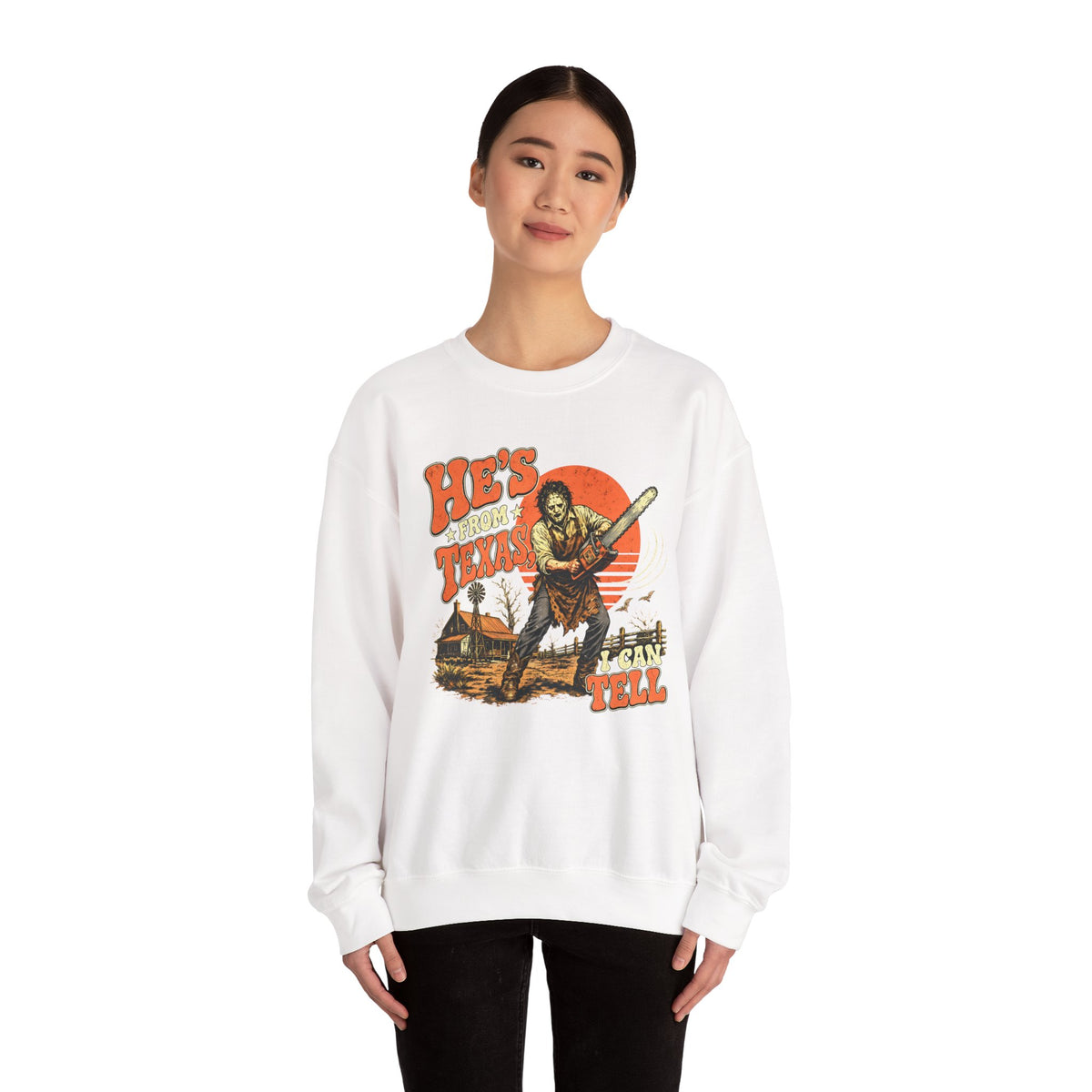 Crewneck Sweatshirt — "He's From Texas I Can Tell" Vintage Cowboy Sunset Design