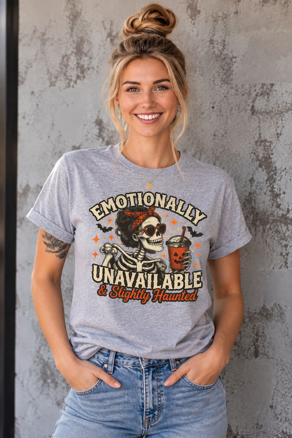T‑Shirt — "Emotionally Unavailable & Slightly Haunted" Skull Graphic Tee