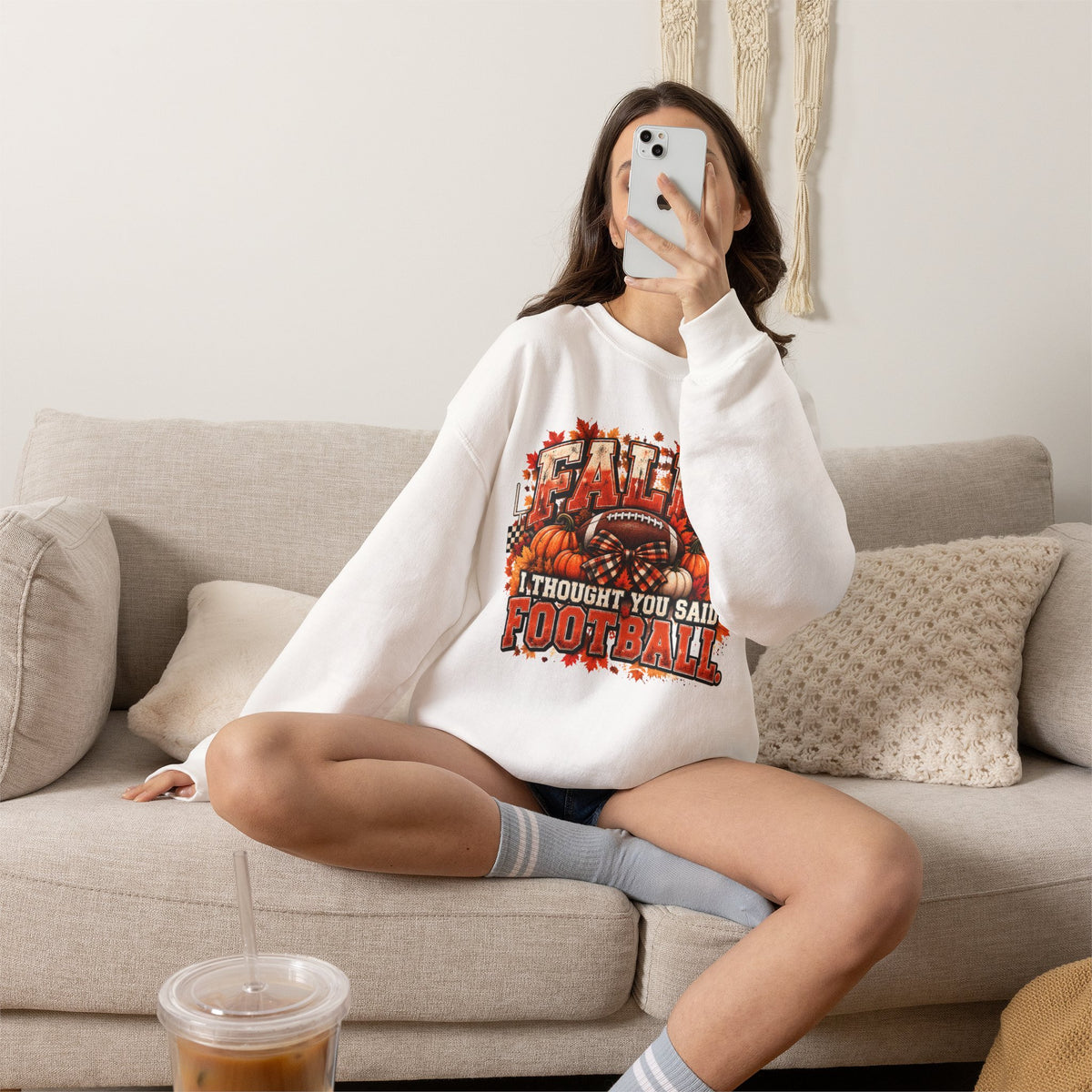 Crewneck White "Fall I thought you said Football" Sweater